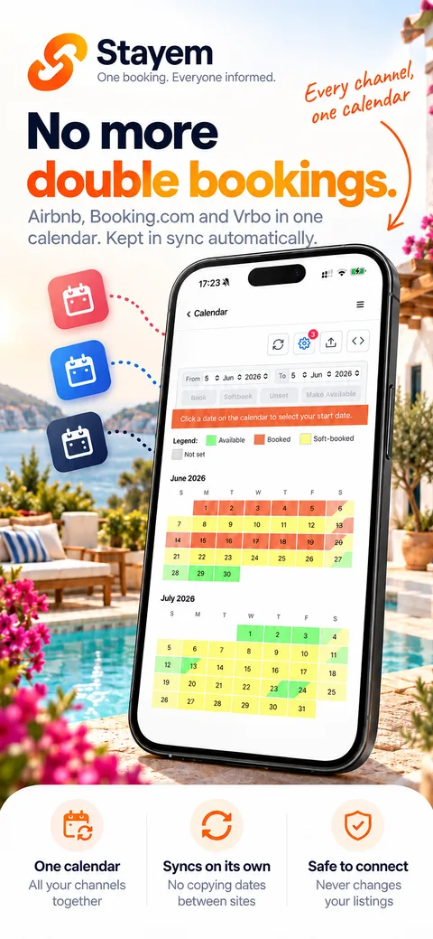 L'app Stayem su un telefono: ogni canale di prenotazione in un calendario, sincronizzato automaticamente