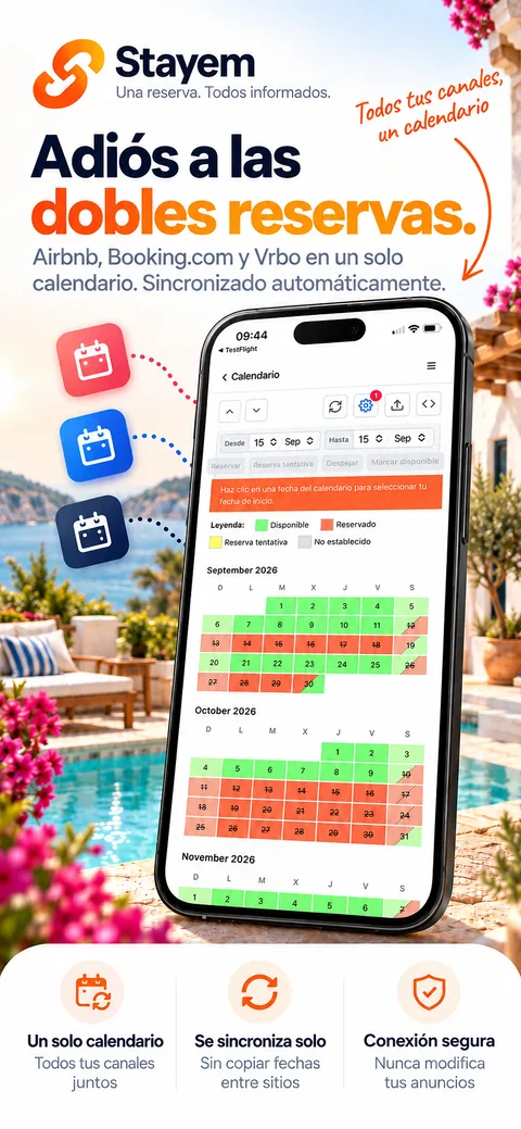 La app Stayem en un teléfono: cada canal de reserva en un calendario, sincronizado automáticamente