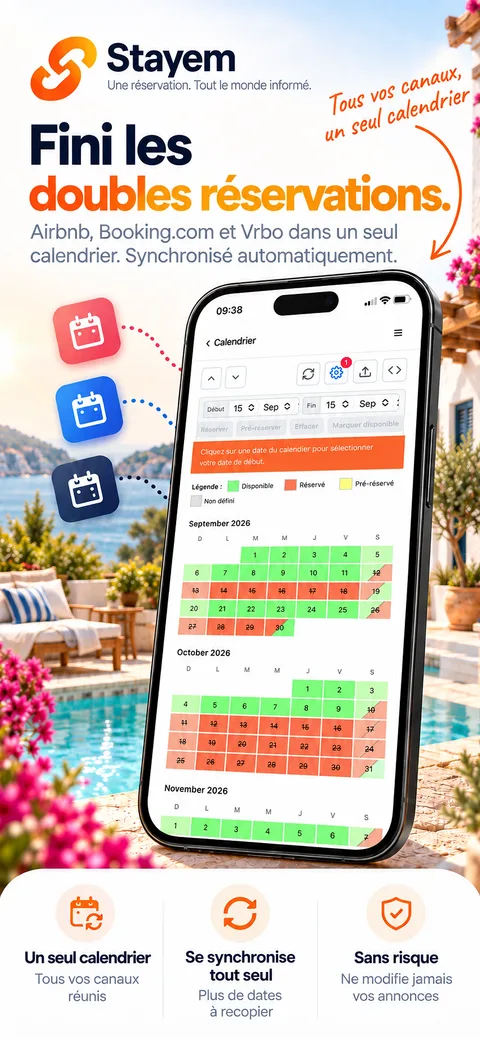 L'app Stayem sur un téléphone : chaque canal de réservation dans un calendrier, synchronisé automatiquement